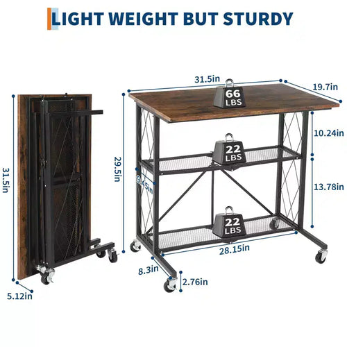 Scrivania Pieghevole da 80 cm con Ruote, Scrivania Mobile per Computer a 3 Livelli con Ripiani Aperti, Scrivania da Lavoro in Legno Senza Montaggio per Ufficio, Camera da Letto, Soggiorno