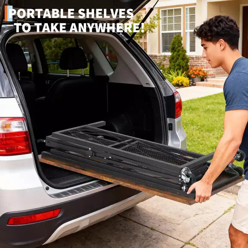 Scrivania Pieghevole da 80 cm con Ruote, Scrivania Mobile per Computer a 3 Livelli con Ripiani Aperti, Scrivania da Lavoro in Legno Senza Montaggio per Ufficio, Camera da Letto, Soggiorno