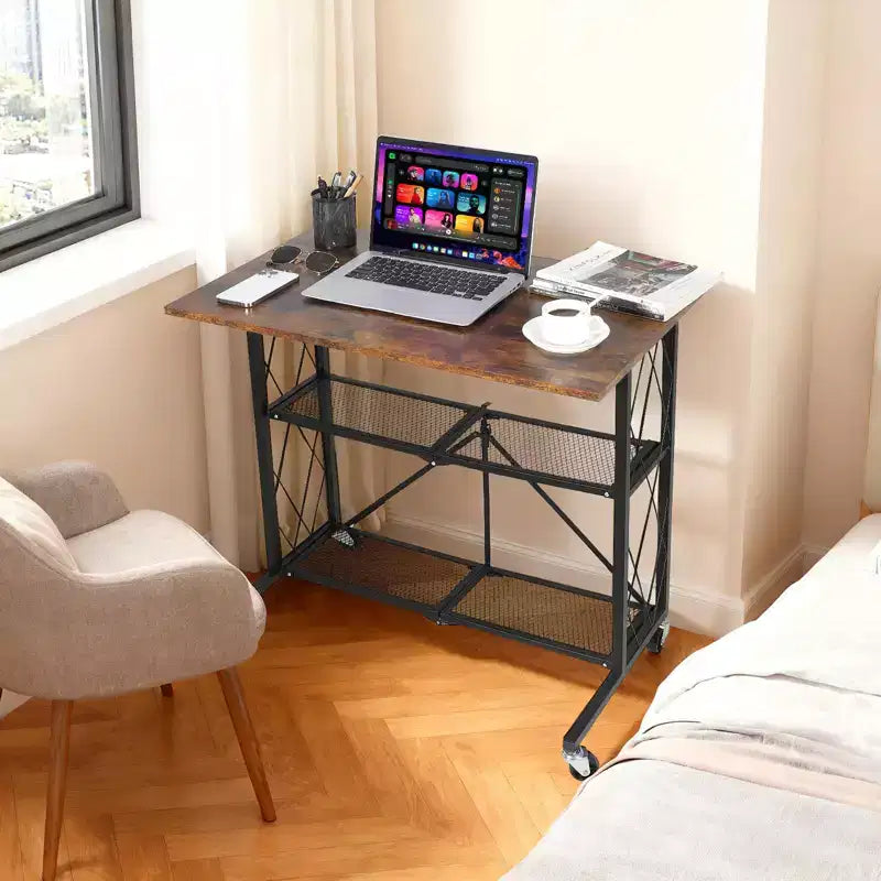 Scrivania Pieghevole da 80 cm con Ruote, Scrivania Mobile per Computer a 3 Livelli con Ripiani Aperti, Scrivania da Lavoro in Legno Senza Montaggio per Ufficio, Camera da Letto, Soggiorno