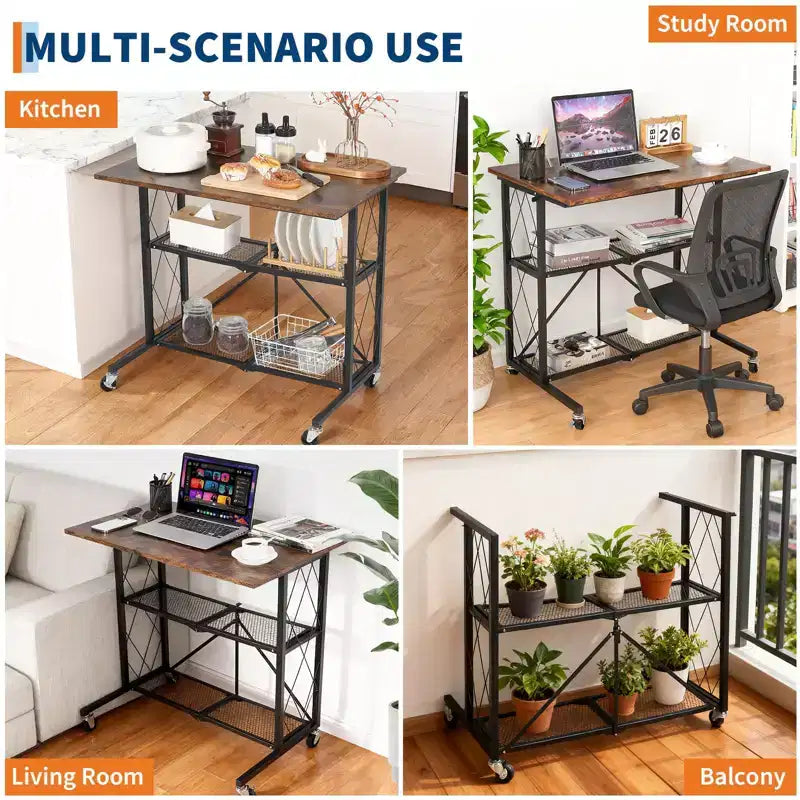 Scrivania Pieghevole da 80 cm con Ruote, Scrivania Mobile per Computer a 3 Livelli con Ripiani Aperti, Scrivania da Lavoro in Legno Senza Montaggio per Ufficio, Camera da Letto, Soggiorno