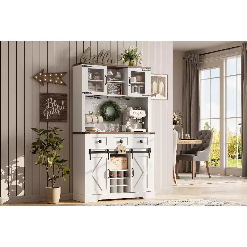 CuisinSmart Mobile Bar da Fattoria con Anta Scorrevole, Credenza da Cucina, Madia Rustica a 3 Cassetti per Soggiorno, Mobile Caffè, Puro