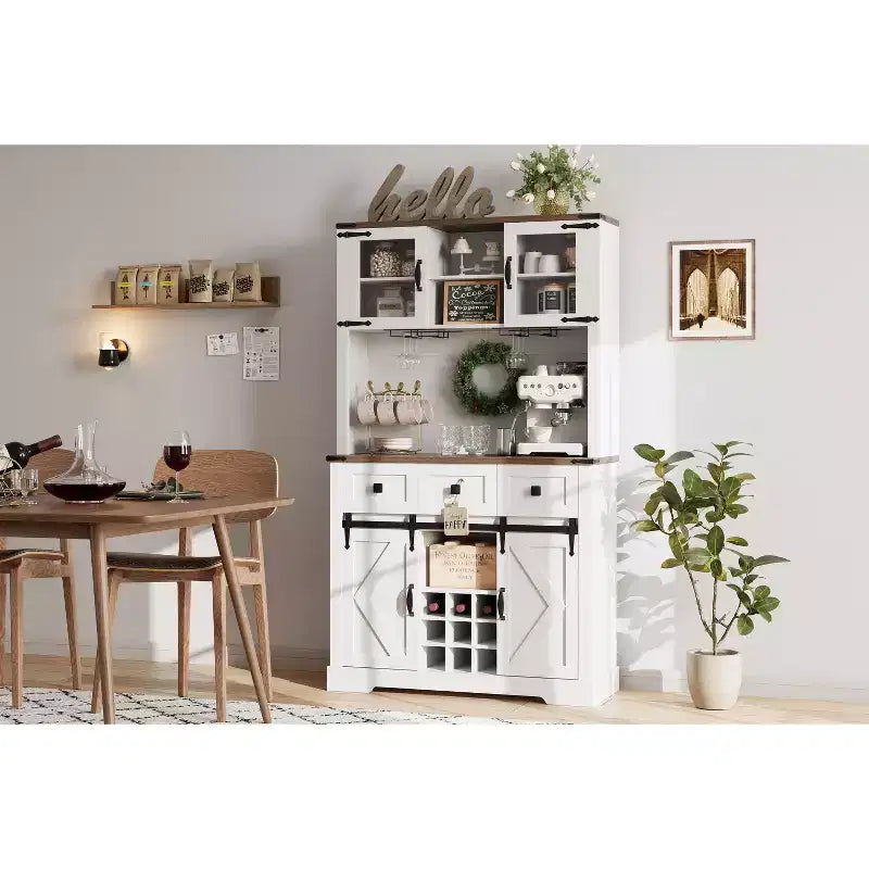 CuisinSmart Mobile Bar da Fattoria con Anta Scorrevole, Credenza da Cucina, Madia Rustica a 3 Cassetti per Soggiorno, Mobile Caffè, Puro