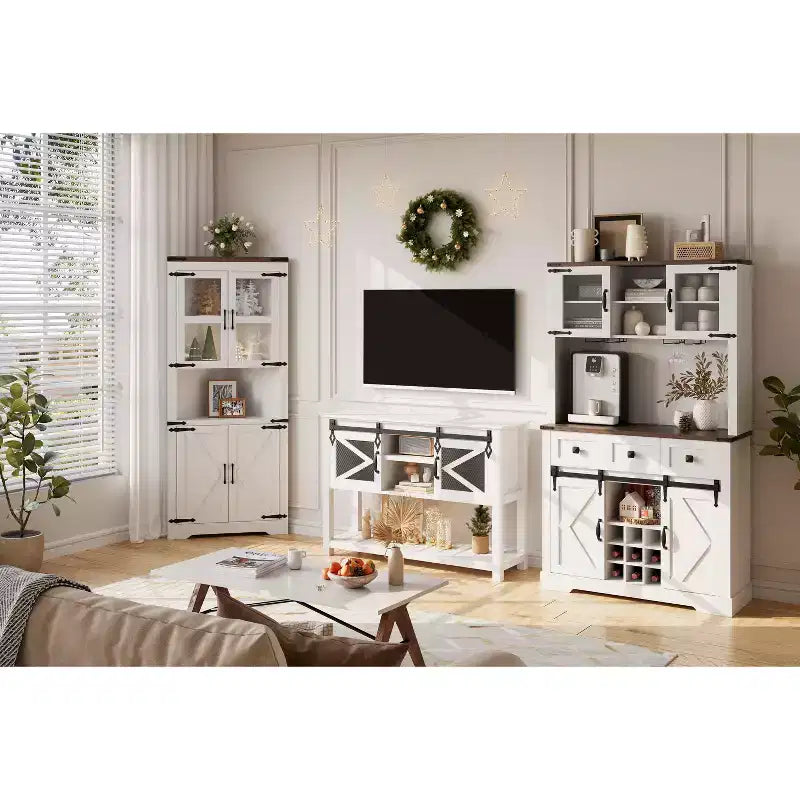 CuisinSmart Mobile Bar da Fattoria con Anta Scorrevole, Credenza da Cucina, Madia Rustica a 3 Cassetti per Soggiorno, Mobile Caffè, Puro