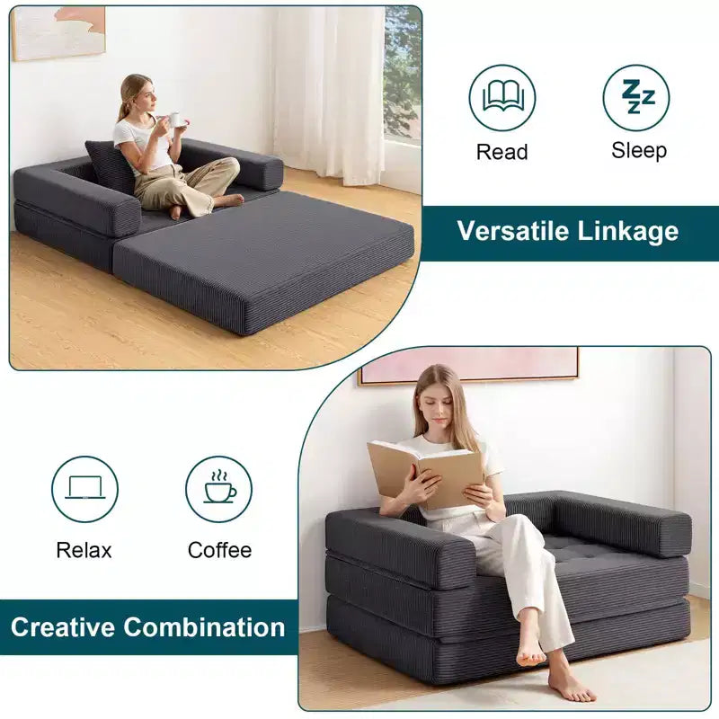 WARMOUNTS Divano Letto Pieghevole con Schienale e Braccioli Regolabili, Divano Letto Convertibile Full Size per Soggiorno e Ufficio