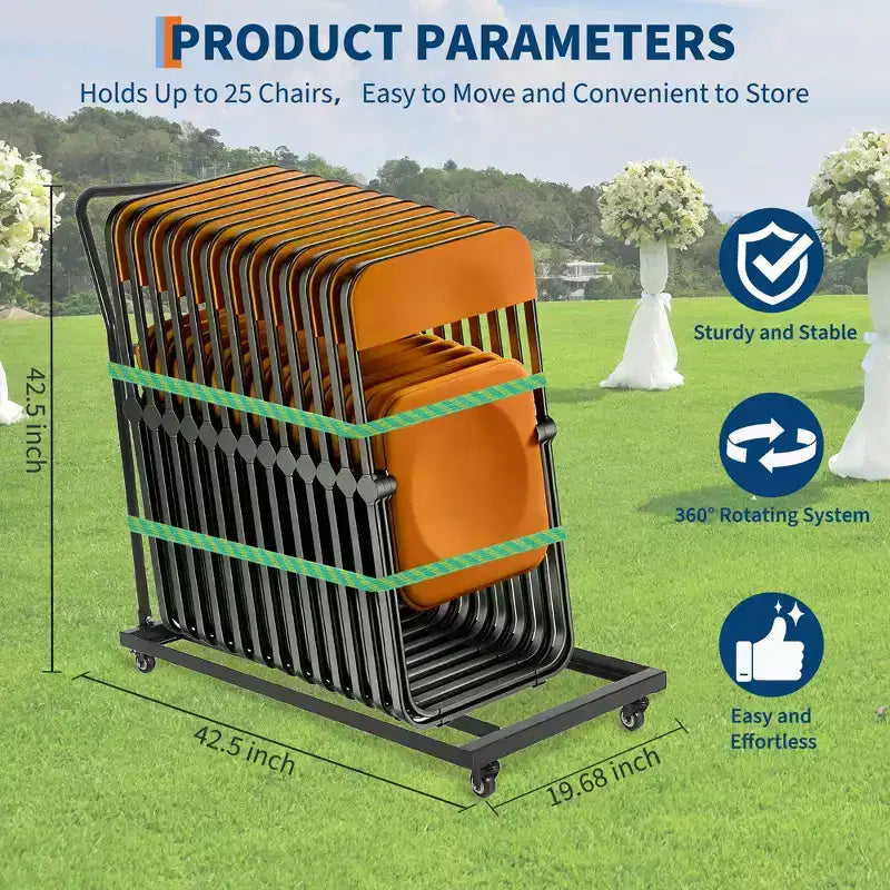 Portasedie Pieghevole, Capacità 136 kg, Carrello Verticale a L per 25 Sedie Pieghevoli, Carrello Porta Sedie in Metallo per Grandi Riunioni Aziendali