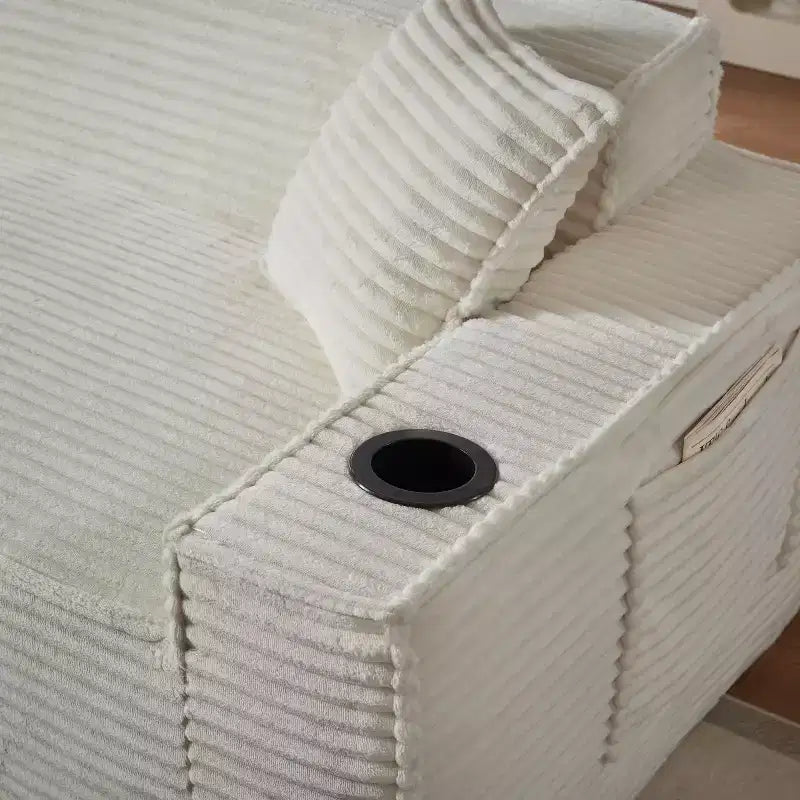 Divano singolo moderno in velluto a coste con portabicchieri, comoda poltrona con seduta profonda per soggiorni compatti, appartamenti e uffici-Panipeachy