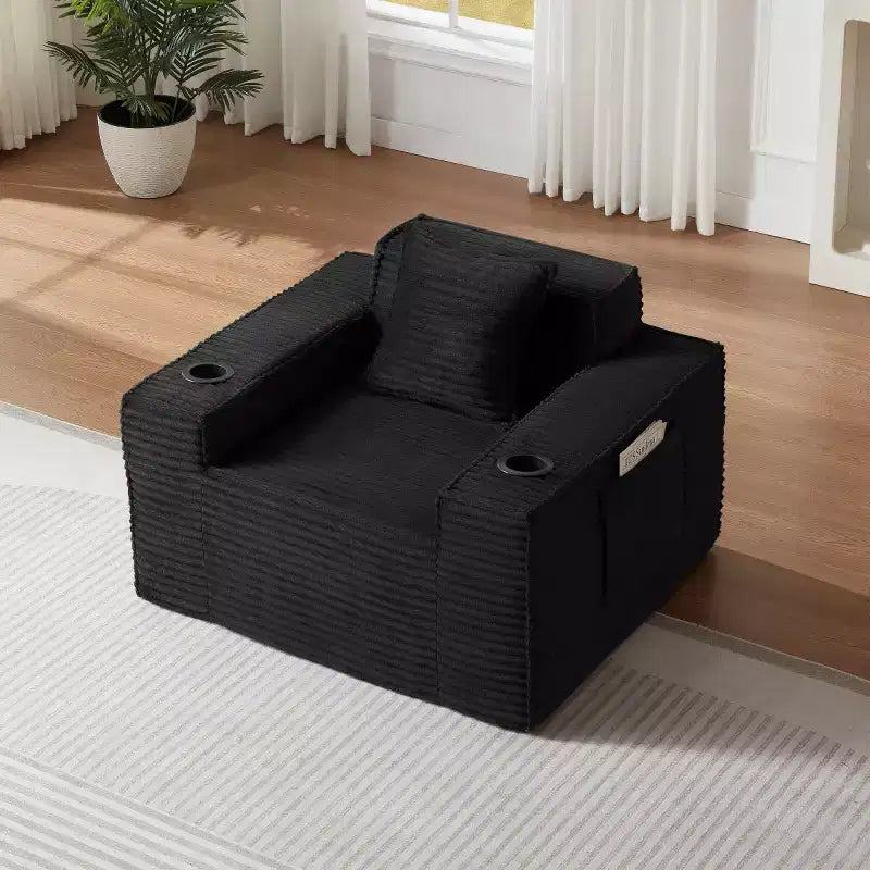 Divano singolo moderno in velluto a coste con portabicchieri, comoda poltrona con seduta profonda per soggiorni compatti, appartamenti e uffici-Panipeachy