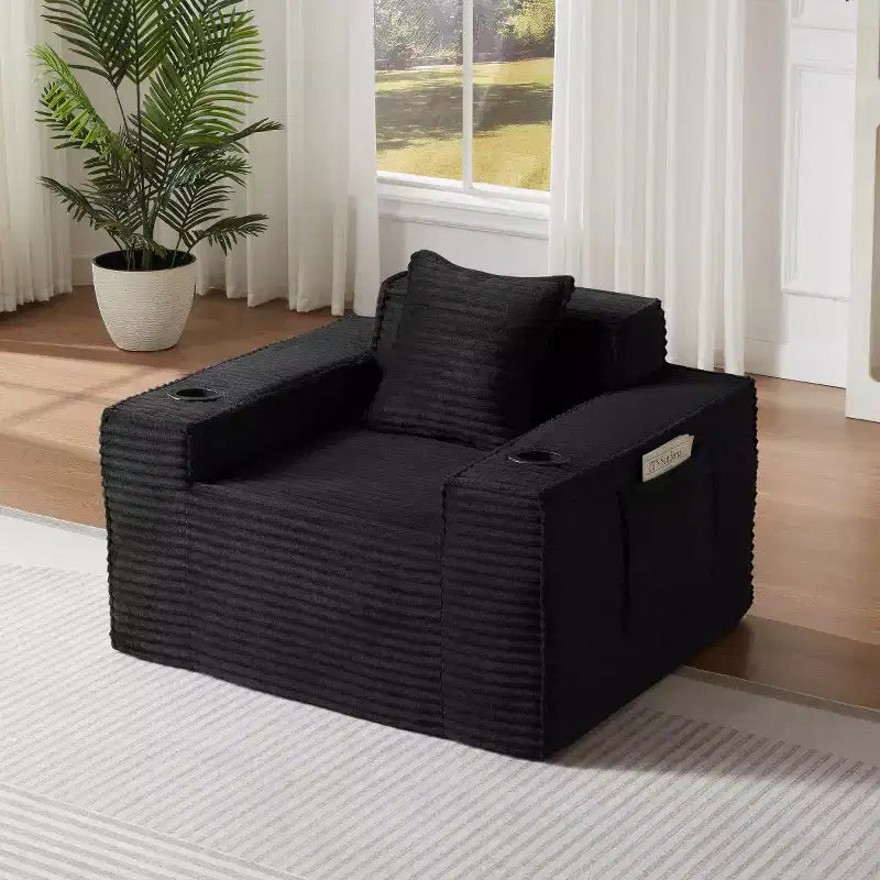 Modern Corduroy Single-Seat Sofa with Cup Holder, Comfy Deep Seat Chair for Compact Living Rooms, Apartments, and Offices-Panipeachy