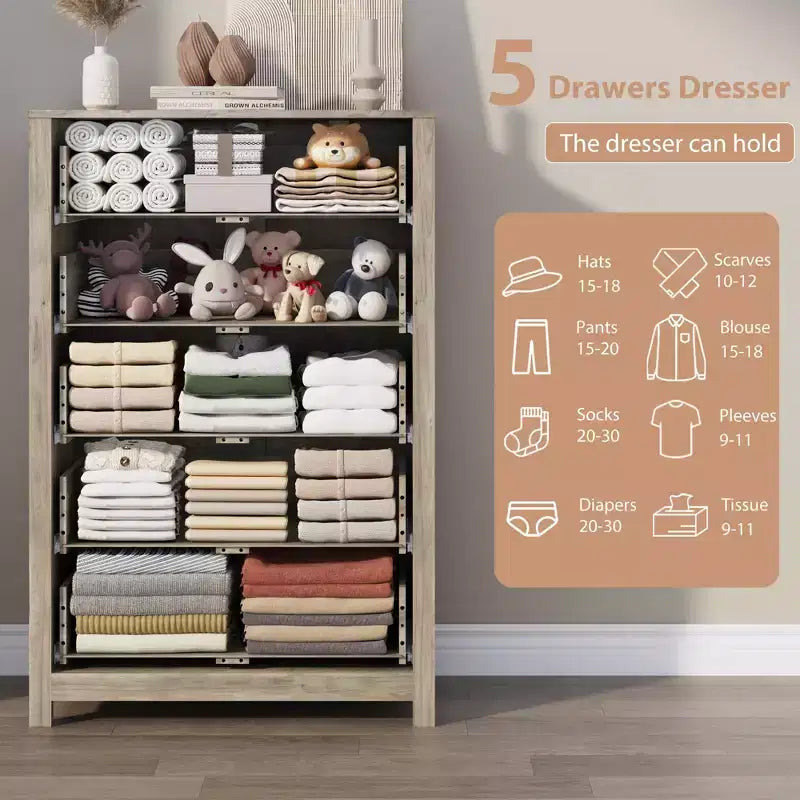 Cassettiera a 5 cassetti in legno per camera da letto, Comò moderno semplice, Organizzatore di archiviazione moderno per soggiorno, ingresso, mobili per la casa