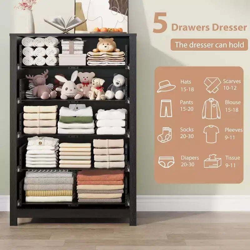 Cassettiera a 5 cassetti in legno per camera da letto, Comò moderno semplice, Organizzatore di archiviazione moderno per soggiorno, ingresso, mobili per la casa