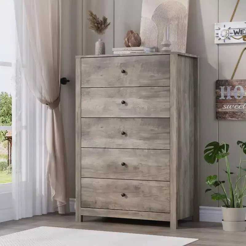 Cassettiera a 5 cassetti in legno per camera da letto, Comò moderno semplice, Organizzatore di archiviazione moderno per soggiorno, ingresso, mobili per la casa