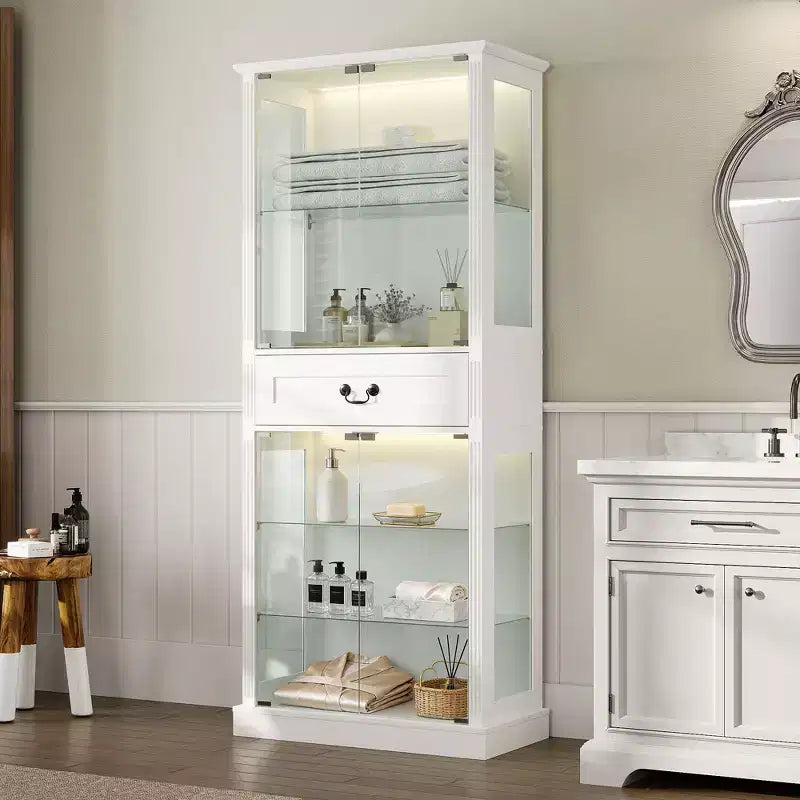 Mobile colonna da bagno autoportante Famapy con LED a 7 colori + ripiani in vetro temperato + ante + cassetto, mobiletto portaoggetti da bagno impermeabile