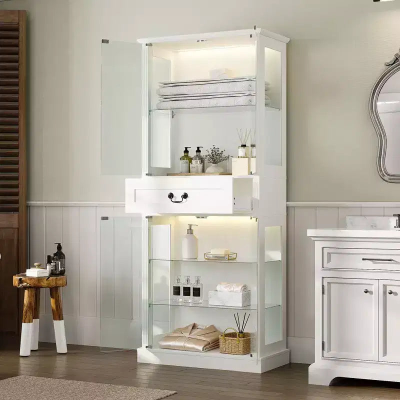 Mobile colonna da bagno autoportante Famapy con LED a 7 colori + ripiani in vetro temperato + ante + cassetto, mobiletto portaoggetti da bagno impermeabile