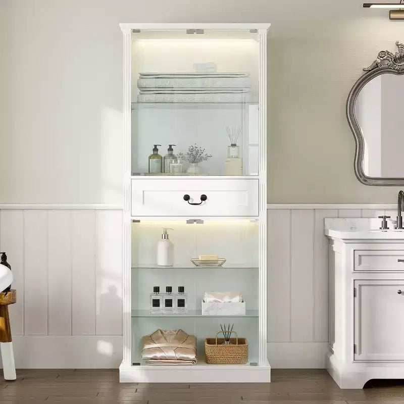 Mobile colonna da bagno autoportante Famapy con LED a 7 colori + ripiani in vetro temperato + ante + cassetto, mobiletto portaoggetti da bagno impermeabile