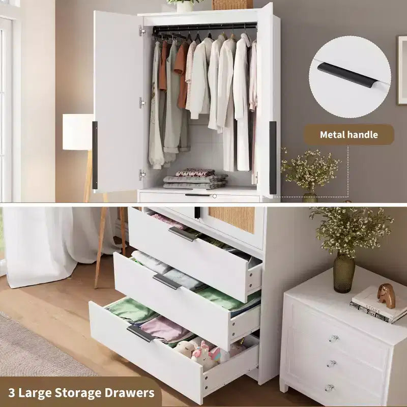 Armadio, Armadio Moderno in Legno con 3 Cassetti e 2 Ante per Appendere i Vestiti