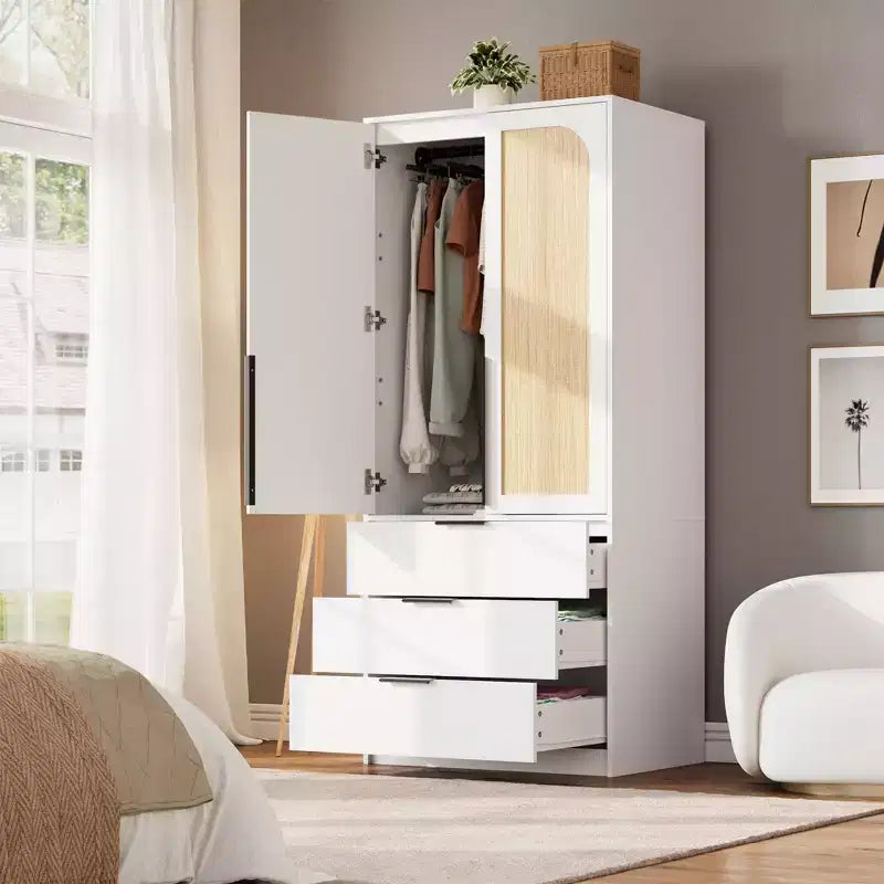 Armadio, Armadio Moderno in Legno con 3 Cassetti e 2 Ante per Appendere i Vestiti