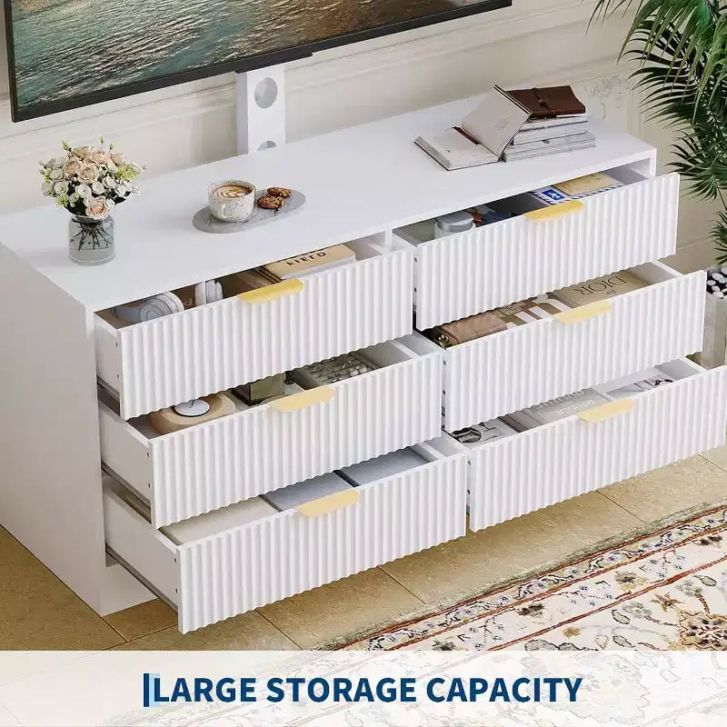Mobile TV scanalato 47" - Porta TV in legno con 6 cassetti, Consolle multimediale moderna per TV da 32-85 pollici, Mobili per soggiorno