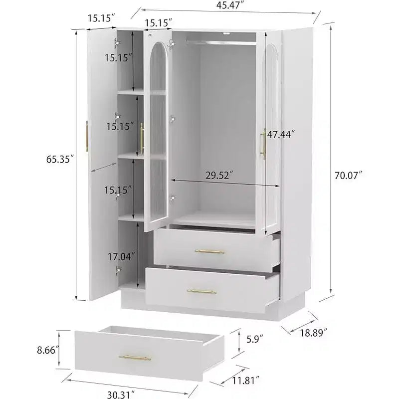 Armadio alto 71" con luce LED e 3 ante, grande armadio contenitore in legno con 2 cassetti, per grandi spazi, camera da letto