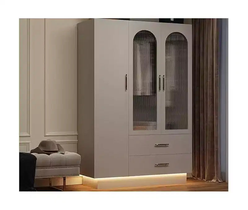 Armadio alto 71" con luce LED e 3 ante, grande armadio contenitore in legno con 2 cassetti, per grandi spazi, camera da letto