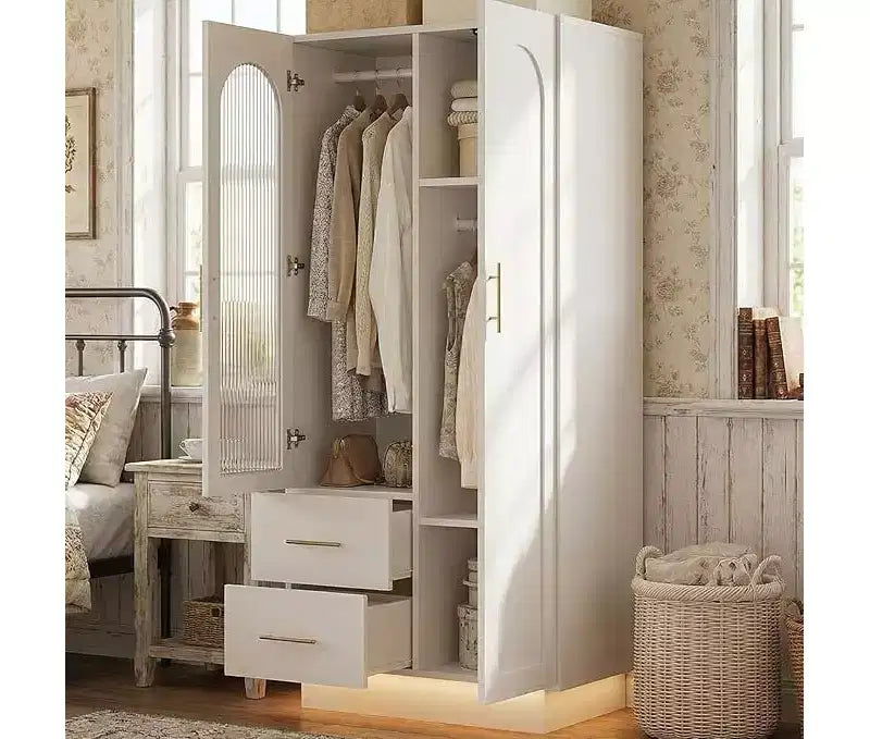 Armadio alto 71" con luce LED e 3 ante, grande armadio contenitore in legno con 2 cassetti, per grandi spazi, camera da letto