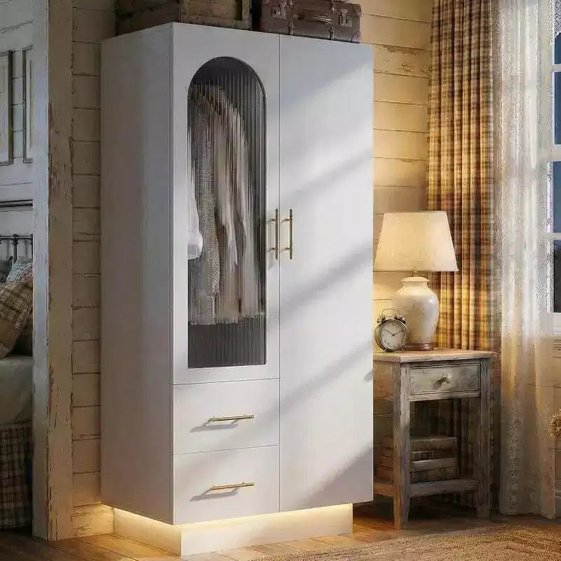 Armadio alto 71" con luce LED e 3 ante, grande armadio contenitore in legno con 2 cassetti, per grandi spazi, camera da letto
