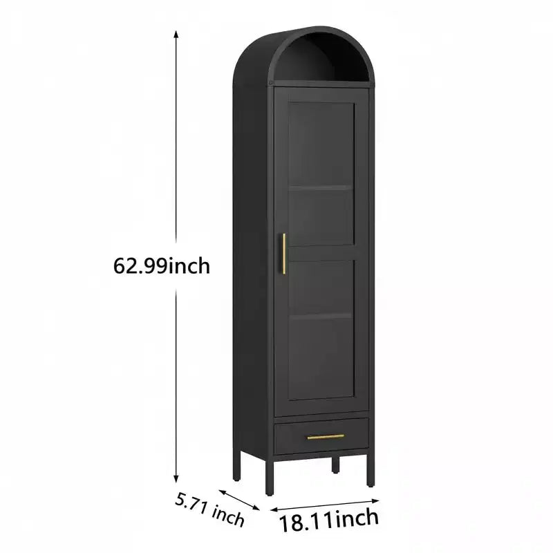 Libreria Alta e Stretta ad Arco, Mobile Contenitore ad Arco in Metallo con Anta in Vetro e Cassetto, Mobile Dispensa Moderno Nero