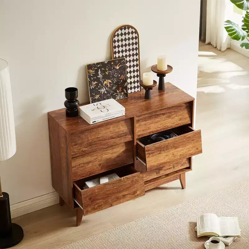 Cassettiera doppia JVNOXK a sei cassetti da 47 pollici, stile retrò e design obliquo, maniglie dei cassetti a scomparsa in legno massello, con spazio di archiviazione, marrone