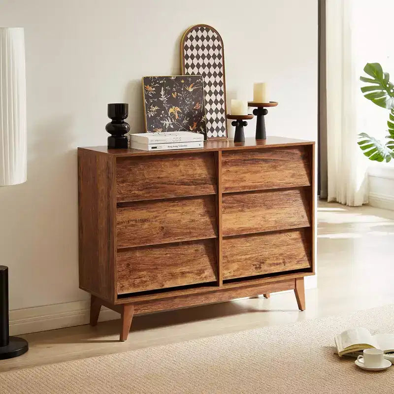 Cassettiera doppia JVNOXK a sei cassetti da 47 pollici, stile retrò e design obliquo, maniglie dei cassetti a scomparsa in legno massello, con spazio di archiviazione, marrone