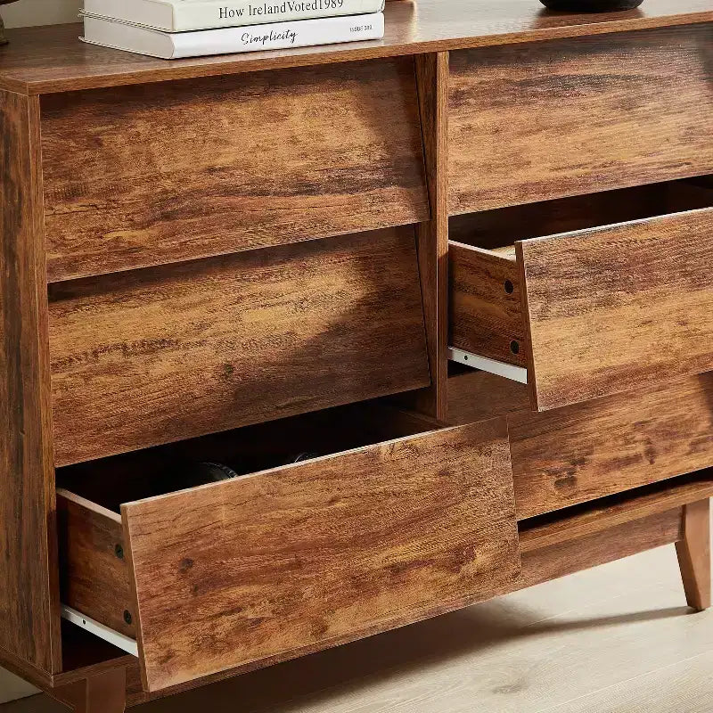 Cassettiera doppia JVNOXK a sei cassetti da 47 pollici, stile retrò e design obliquo, maniglie dei cassetti a scomparsa in legno massello, con spazio di archiviazione, marrone
