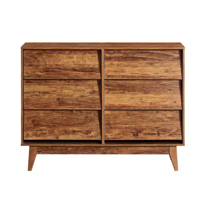 Cassettiera doppia JVNOXK a sei cassetti da 47 pollici, stile retrò e design obliquo, maniglie dei cassetti a scomparsa in legno massello, con spazio di archiviazione, marrone
