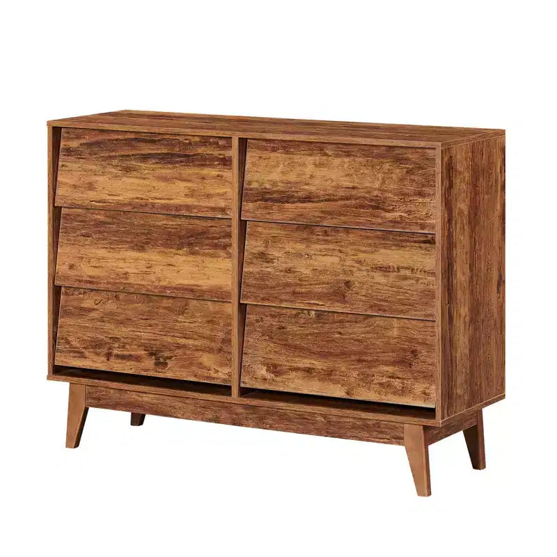 Cassettiera doppia JVNOXK a sei cassetti da 47 pollici, stile retrò e design obliquo, maniglie dei cassetti a scomparsa in legno massello, con spazio di archiviazione, marrone