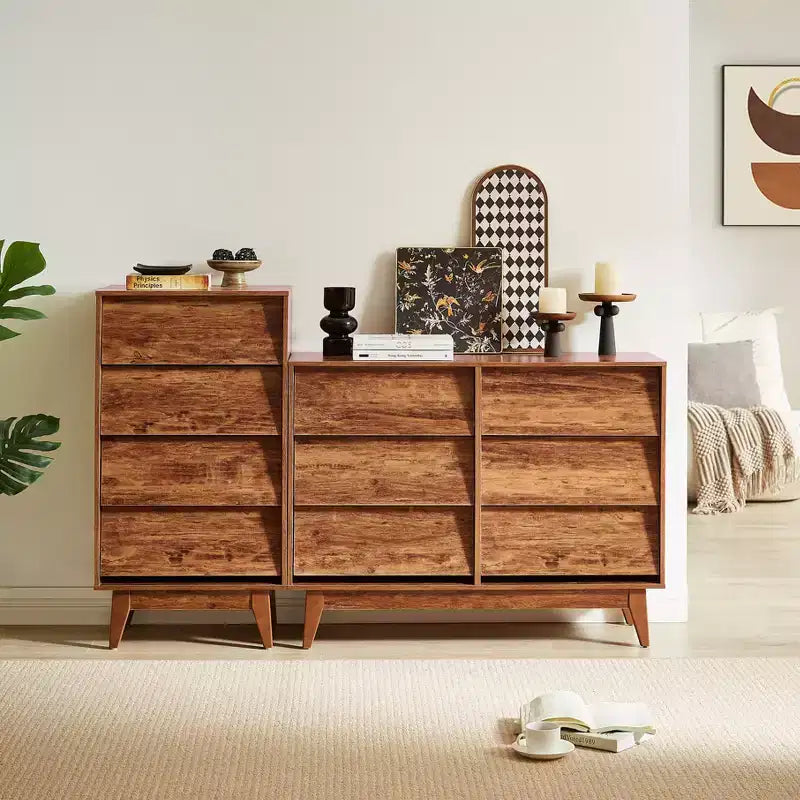 Cassettiera doppia JVNOXK a sei cassetti da 47 pollici, stile retrò e design obliquo, maniglie dei cassetti a scomparsa in legno massello, con spazio di archiviazione, marrone