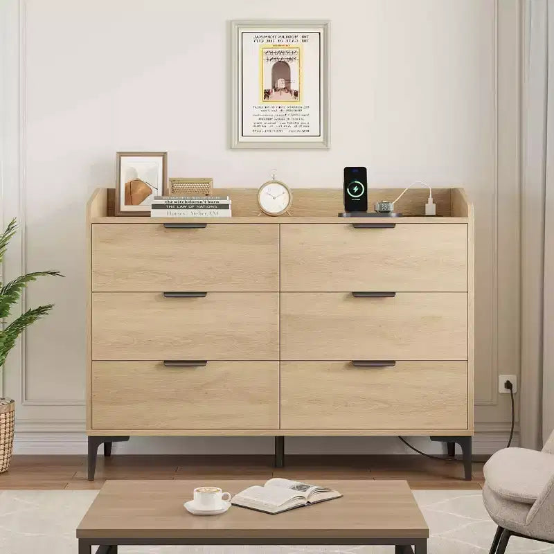 Comò moderno a 6 cassetti con prese di corrente, cassettiera per armadio, organizzatore verticale alto con piedini regolabili per camera da letto, soggiorno, ingresso