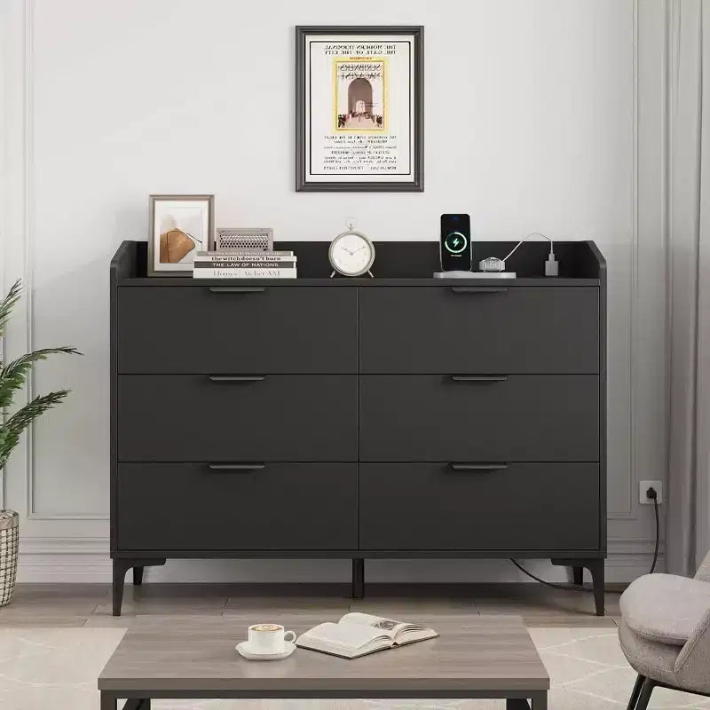 Comò moderno a 6 cassetti con prese di corrente, cassettiera per armadio, organizzatore verticale alto con piedini regolabili per camera da letto, soggiorno, ingresso