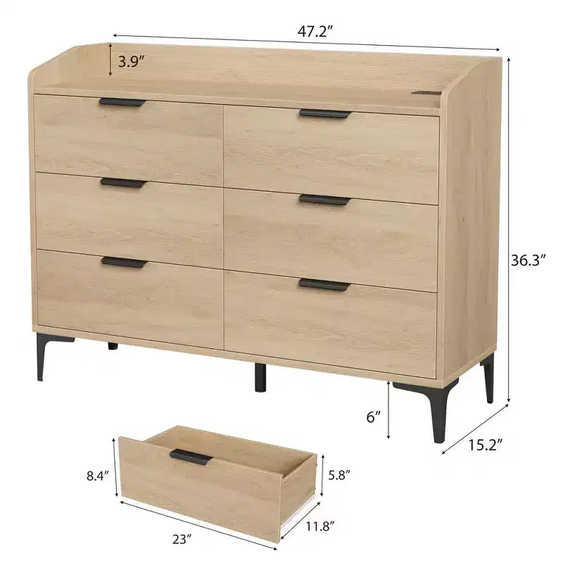 Comò moderno a 6 cassetti con prese di corrente, cassettiera per armadio, organizzatore verticale alto con piedini regolabili per camera da letto, soggiorno, ingresso