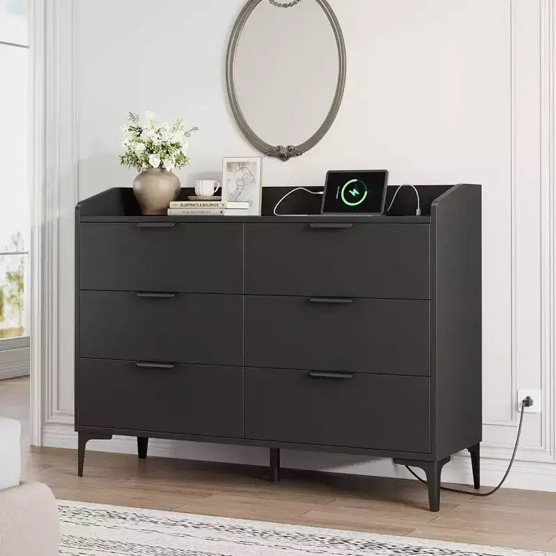 Modern 6-Drawer Dresser with Power Outlets, Closet Storage Chest, Tall Vertical Organizer with Adjustable Feet for Bedroom, Living Room, Entryway