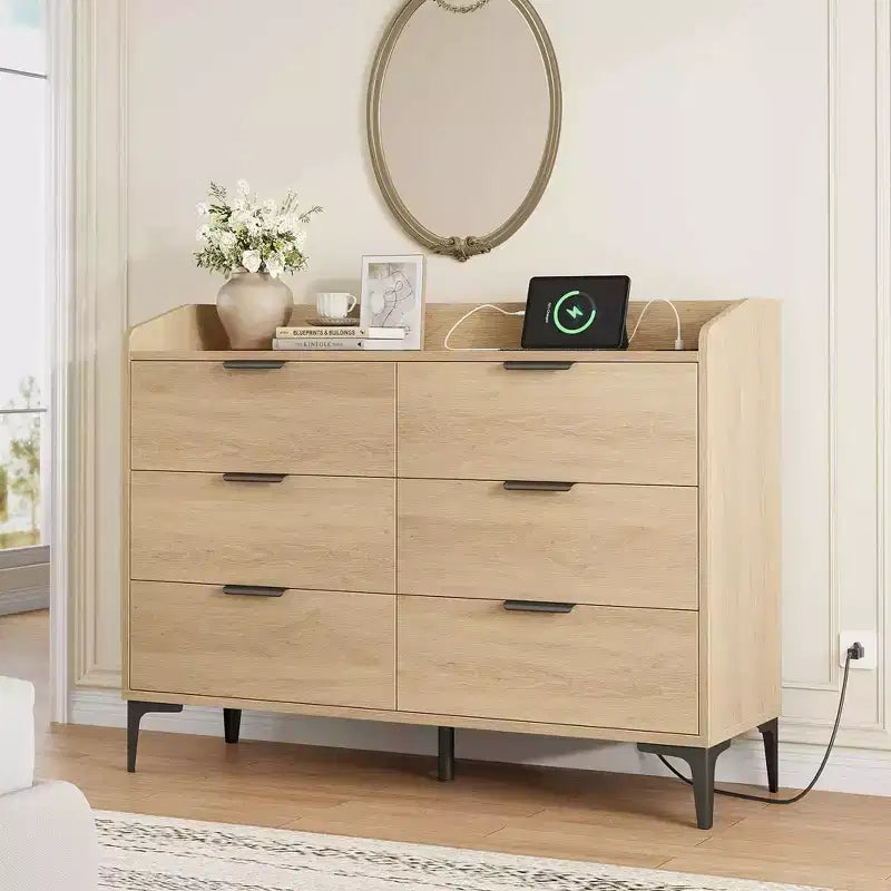 Comò moderno a 6 cassetti con prese di corrente, cassettiera per armadio, organizzatore verticale alto con piedini regolabili per camera da letto, soggiorno, ingresso