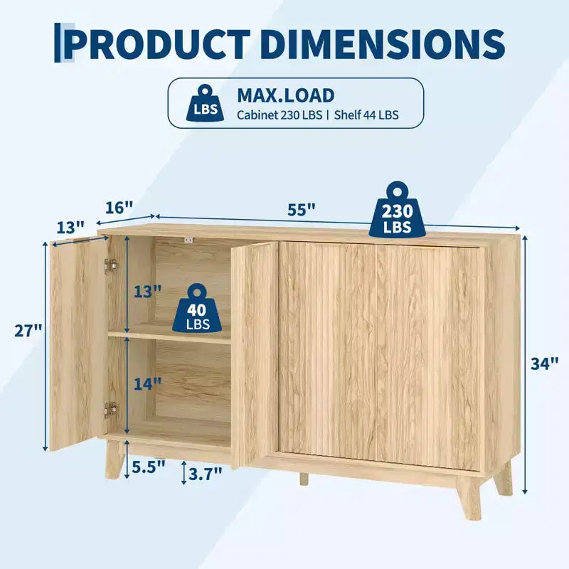 Credenza con Ante Scanalate, Mobile Buffet da 140 cm, Credenza Moderna con Scanalature e Ripiani Regolabili, Mobile Contenitore Accent per Cucina, Soggiorno
