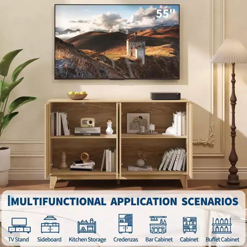 Credenza con Ante Scanalate, Mobile Buffet da 140 cm, Credenza Moderna con Scanalature e Ripiani Regolabili, Mobile Contenitore Accent per Cucina, Soggiorno
