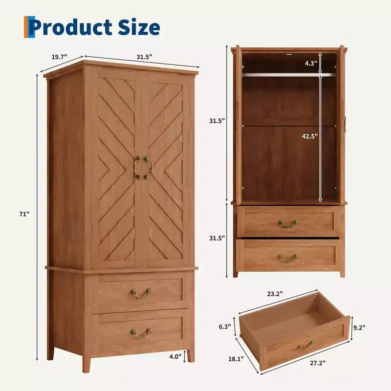 Armadio, Guardaroba con 2 Cassetti e 2 Ante, 180cm Altezza Stile Rustico Marrone Legno