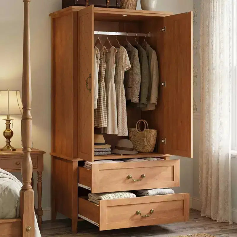 Armadio, Guardaroba con 2 Cassetti e 2 Ante, 180cm Altezza Stile Rustico Marrone Legno