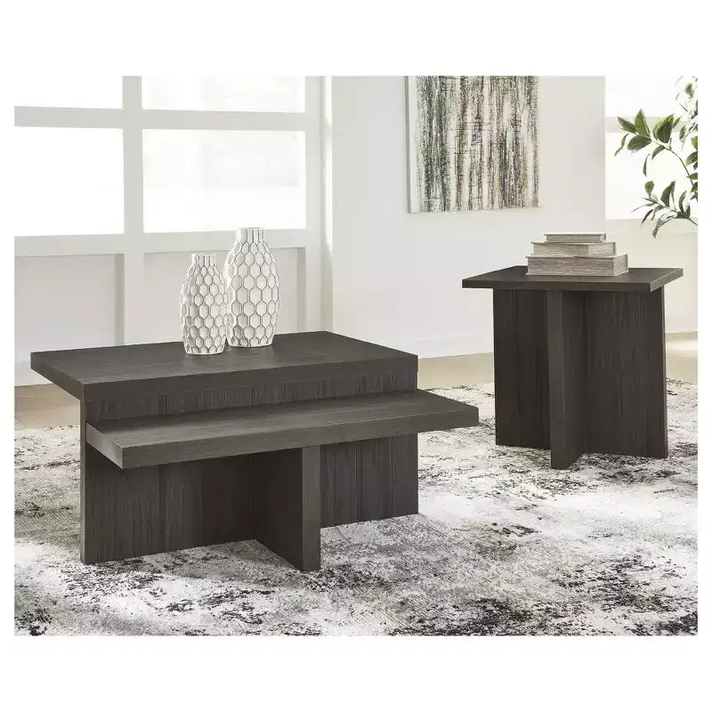 Signature Design by Ashley Zendex Occasional Table Set, Coffee Table and End Table, Dark Brown Wood Grain
