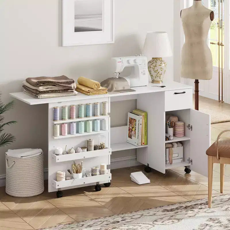 Mobile contenitore pieghevole da ingresso, tavolo multifunzione, regolabile in altezza, con cassetti scorrevoli, ripiani e ruote bloccabili.