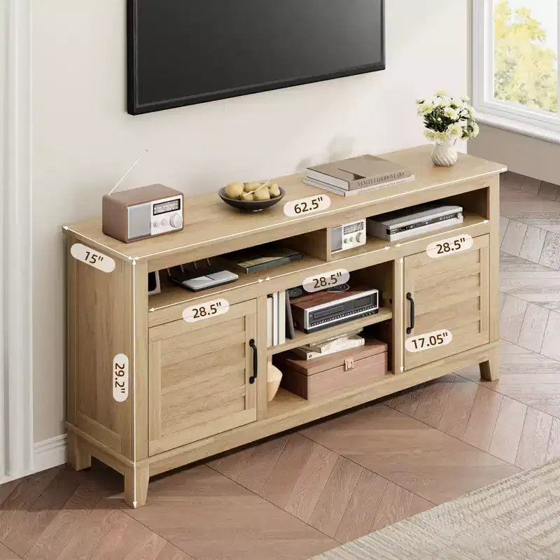 Mobile TV GustoWave da 160 cm, consolle multimediale rustica in stile coloniale con ripiani regolabili in altezza e ante a battente