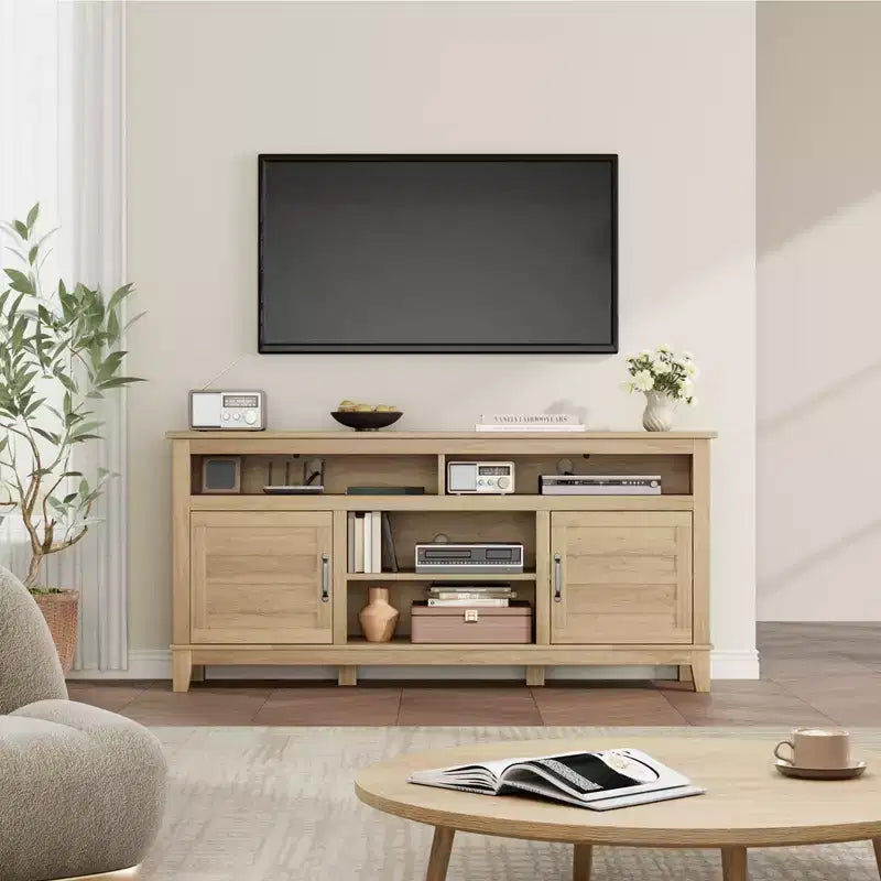 Mobile TV GustoWave da 160 cm, consolle multimediale rustica in stile coloniale con ripiani regolabili in altezza e ante a battente