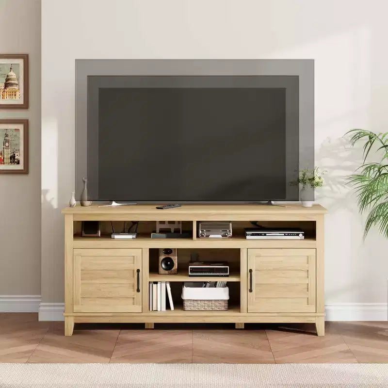 Mobile TV GustoWave da 160 cm, consolle multimediale rustica in stile coloniale con ripiani regolabili in altezza e ante a battente