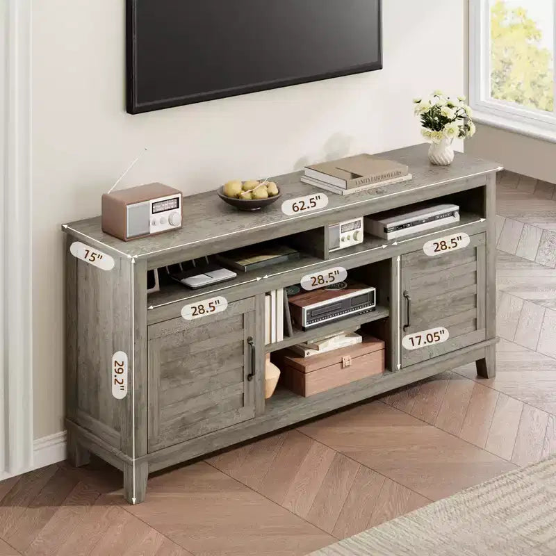 Mobile TV GustoWave da 160 cm, consolle multimediale rustica in stile coloniale con ripiani regolabili in altezza e ante a battente