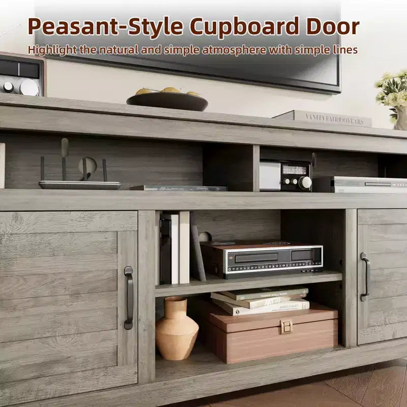 Mobile TV GustoWave da 160 cm, consolle multimediale rustica in stile coloniale con ripiani regolabili in altezza e ante a battente