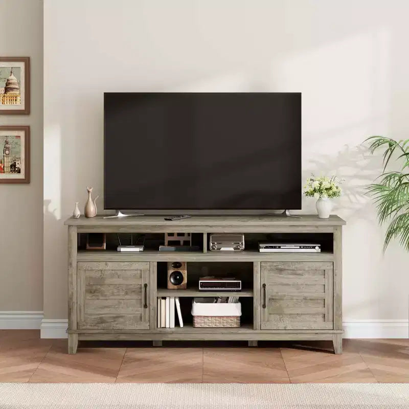Mobile TV GustoWave da 160 cm, consolle multimediale rustica in stile coloniale con ripiani regolabili in altezza e ante a battente