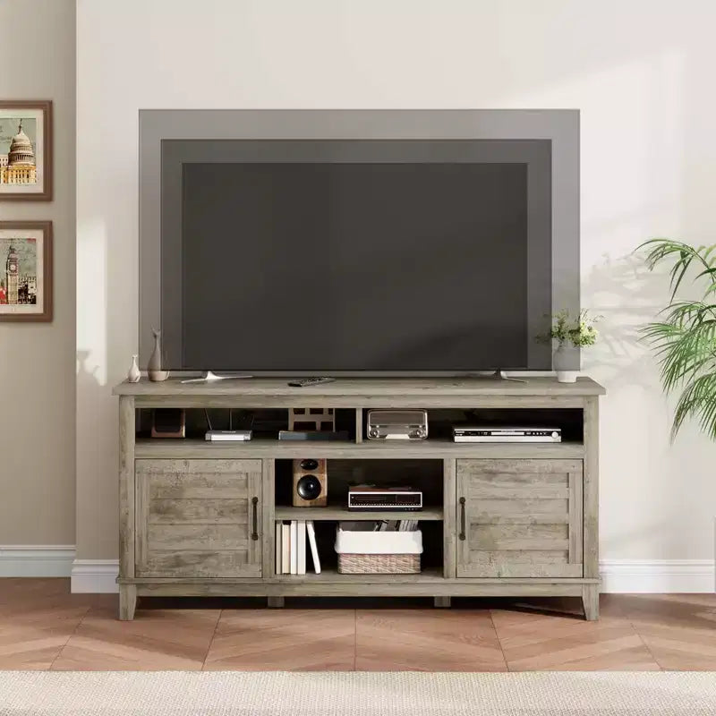 Mobile TV GustoWave da 160 cm, consolle multimediale rustica in stile coloniale con ripiani regolabili in altezza e ante a battente